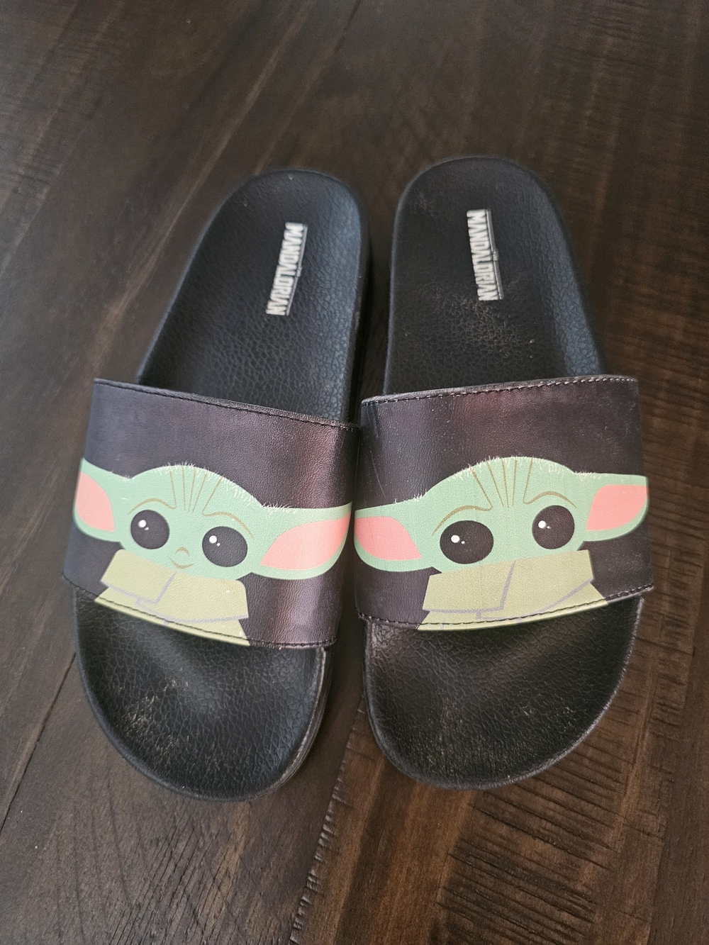 Kids Black Slide Sandals with Green Baby Yoda Print